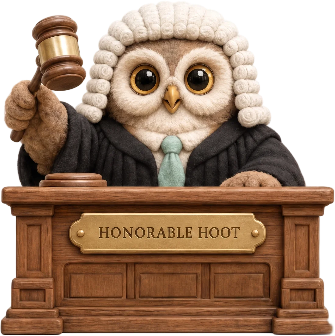 Judge Hoot, a felted owl judge in a powdered wig, raising his gavel behind the Honorable Hoot bench