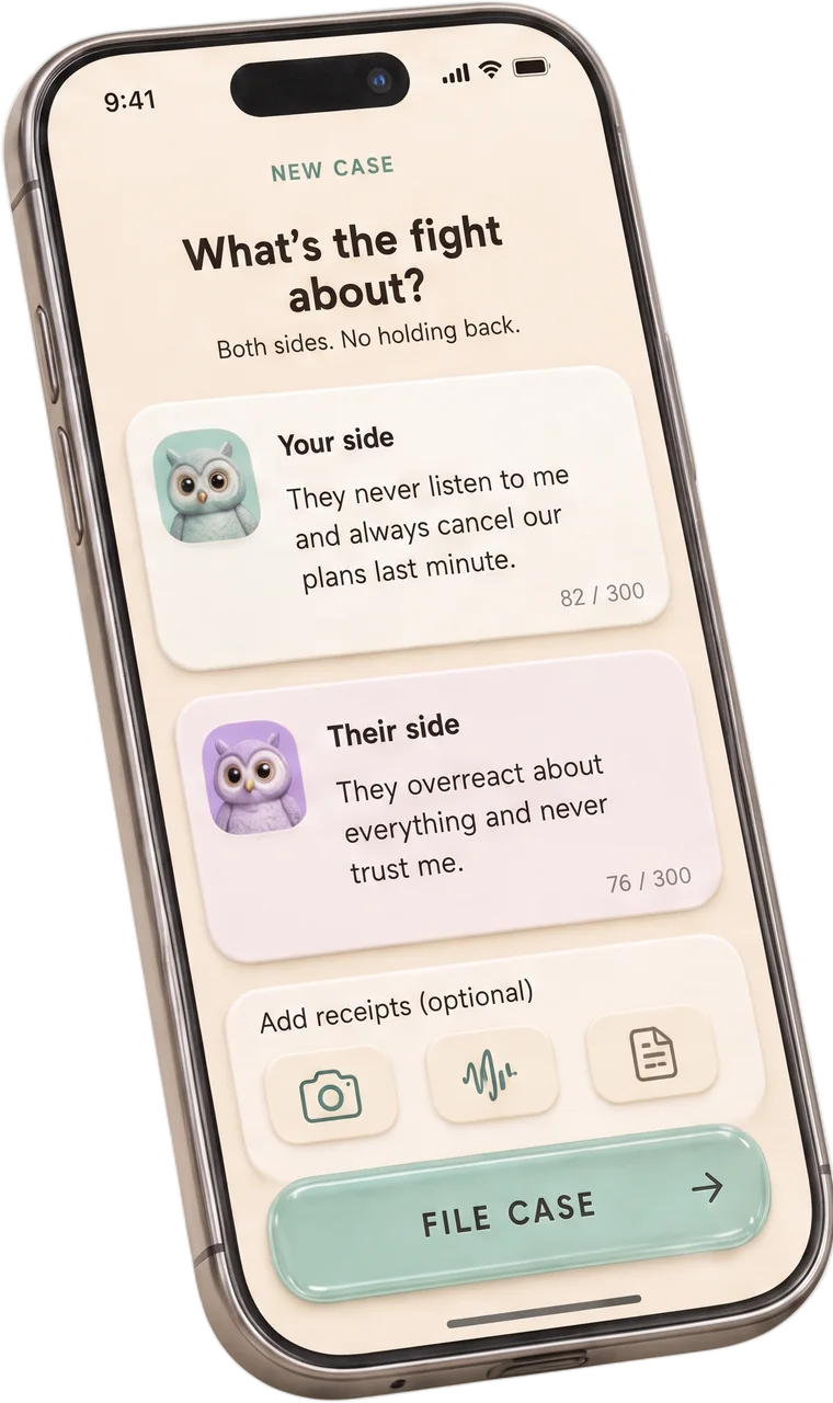 App screen: filing a new case — both sides describe the fight, add receipts, file case