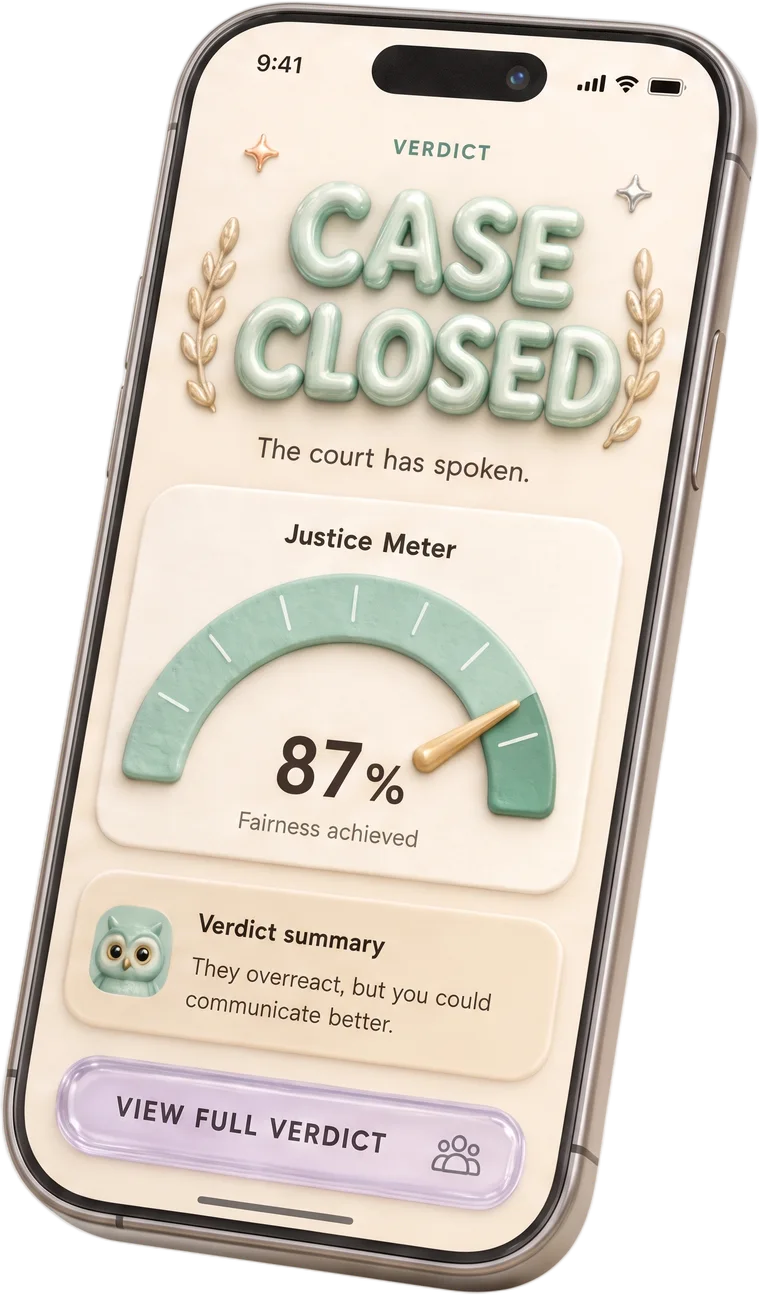 App screen: the verdict — case closed, justice meter at 87%, verdict summary